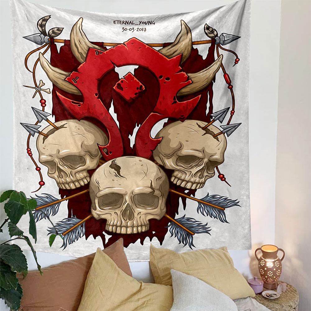 A Red Tribal Crest with Horns, Skulls, Arrows, and a Blood-red Backdrop. Patterned Tapestry for Bedroom and Living Room Home Decor