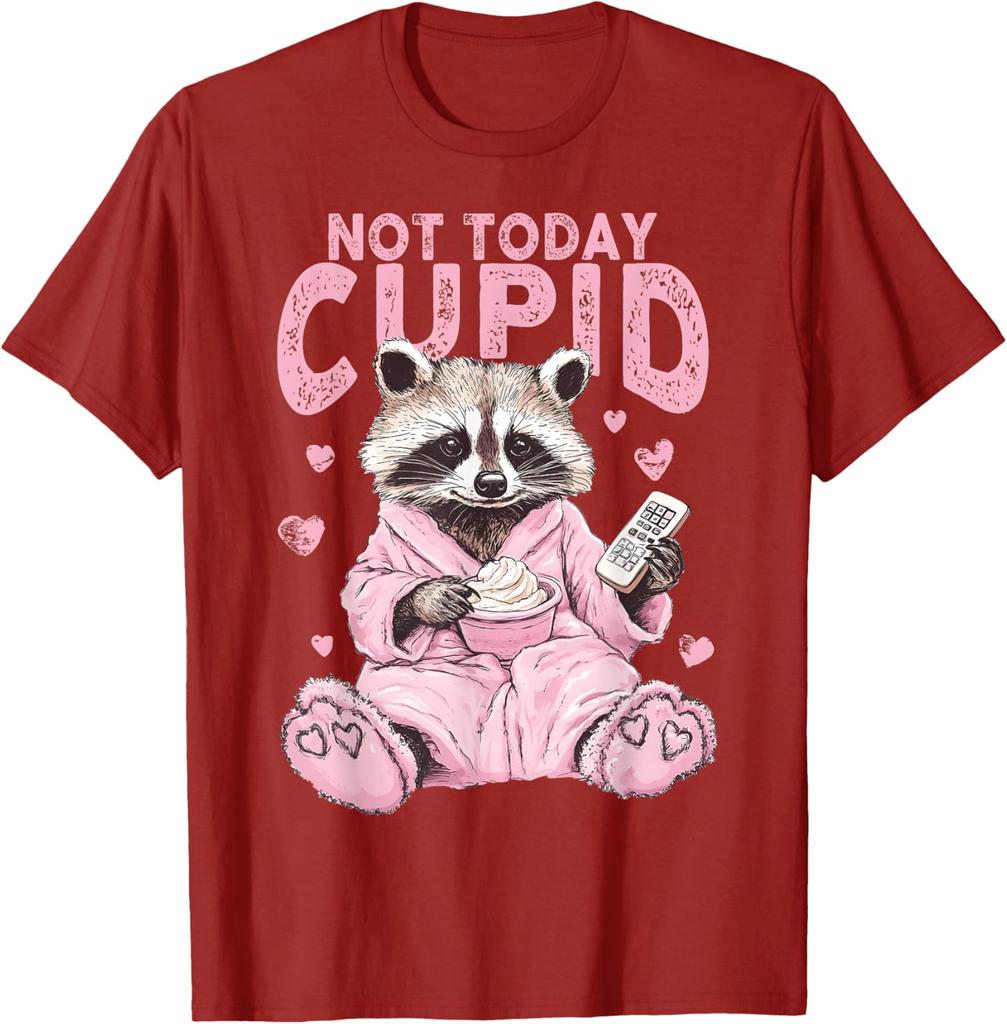 Not Today Cupid Pink Raccoon Funny Anti Valentine's Day Graphic T-Shirt Casual Tee Tops