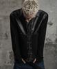 LANARCHIVE [0162] Cross Leather Collar Zip-Up Jacket - Black