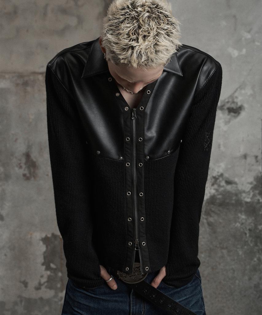 LANARCHIVE [0162] Cross Leather Collar Zip-Up Jacket - Black