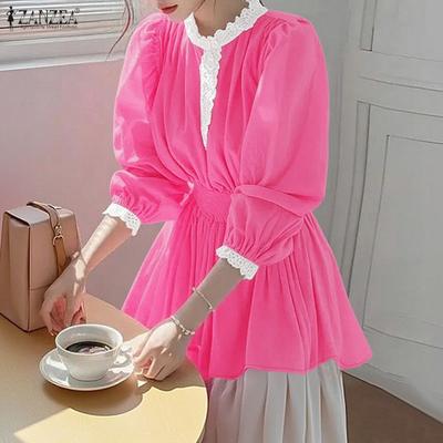 Camicetta Casual da Donna a Manica Lunga con Collo Alto e Inserti in Pizzo