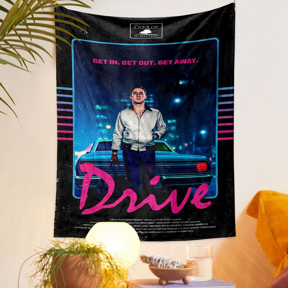 Neon-lit urban backdrop with retro typography and a lone central figure. Patterned tapestry for bedroom and living room home decor