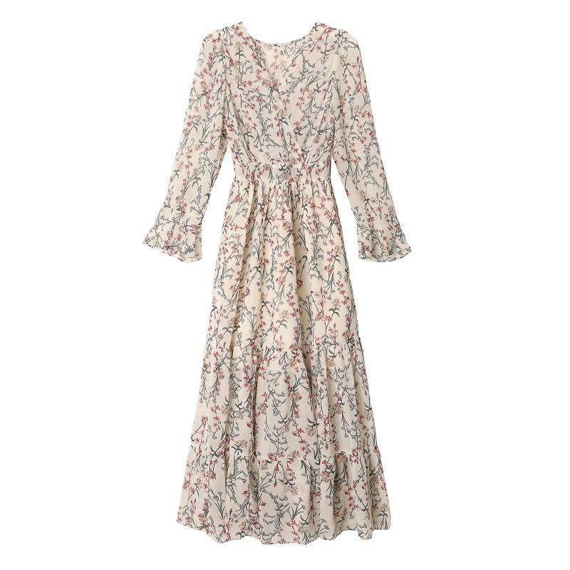WTEMPO Brand Fragmented Chiffon Long Sleeve Dress Loose Retro Versatile Large Hemline Skirt Slim Tall Super Long Knee Skirts