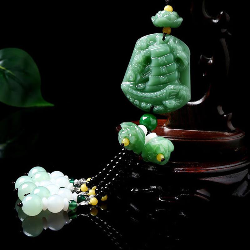 Green Jade Car Pendant: Pi Xiu and Lotus Ornament for Interior Peace