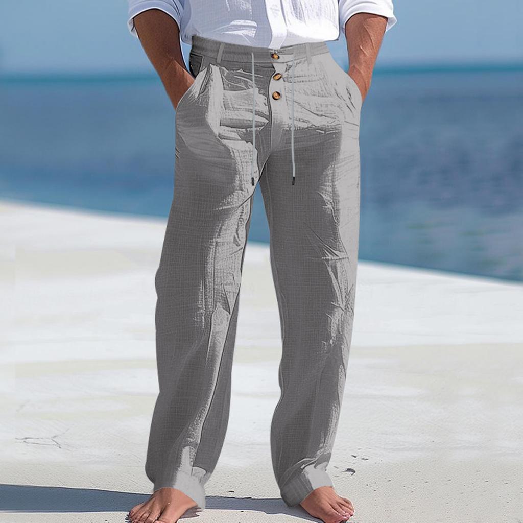 Men's Linen Drawstring Trousers  Beach Casual Sports Straight Leg Trousers