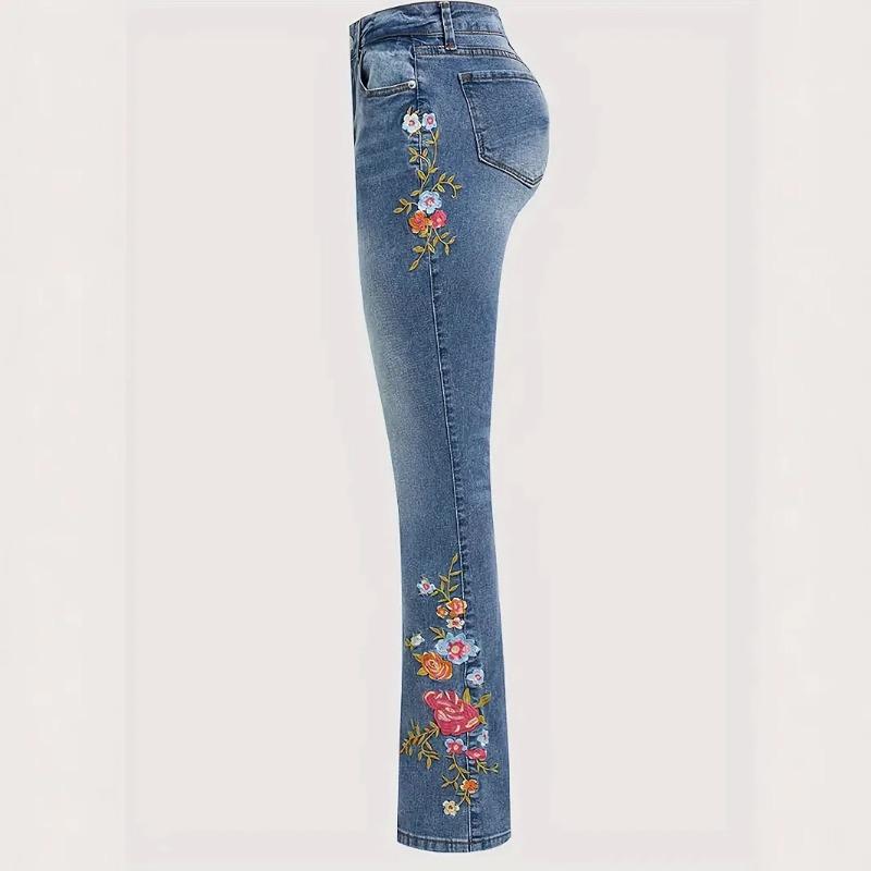 VibeStreet Jeans Donna Boot Cut Pantaloni a Zampa Stretch Vita Media Ricamo Pantaloni a Grandezza Naturale Denim Lavato Usurato Streetwear