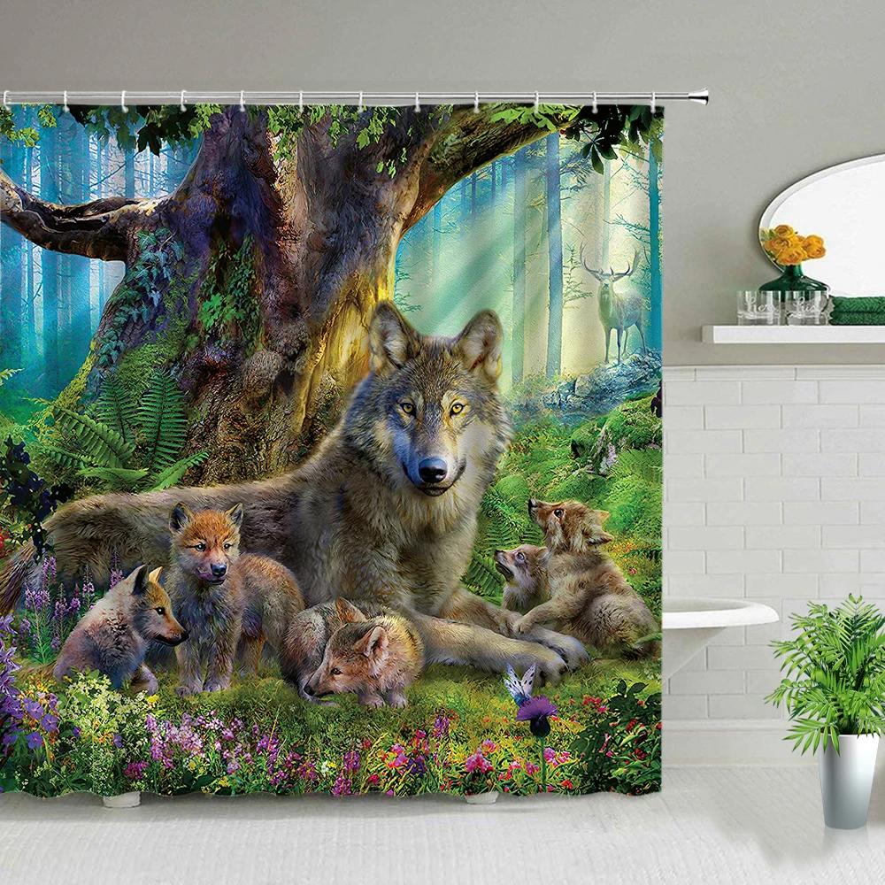 Dream Arch Door Forest Scenery Shower Curtains Ocean Beach Green Leaf Lavender Hot Air Balloon Wolf Bathroom Screen Bath Curtain
