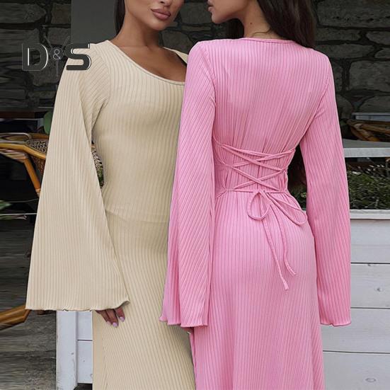 Women Dress U Neck Long Sleeve A Line Slim Fit Skinny Elastic Long Horn Sleeve Back Strap Lace Up Ankle Length Solid Color Maxi Dress