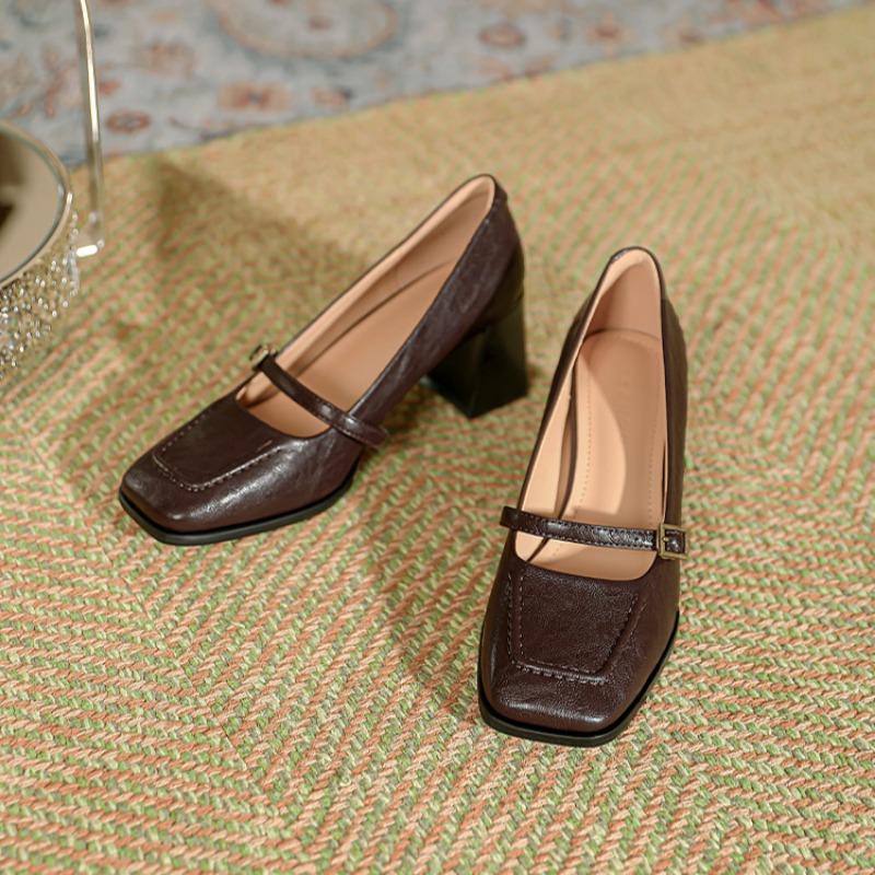 Buty Mary Jane na grubym obcasie Retro kwadratowy nosek Damskie buty Temperament Pojedyncze buty Francuskie eleganckie buty do pracy Płytkie wycięcie Wysokie obcasy