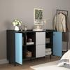Sideboard Buffet Cabinet, Black with Blue Doors, 2 Drawers with Unique Panel Styling, 2 Open Compartments, Coffee Bar, Accent Cabinet for Kitchen