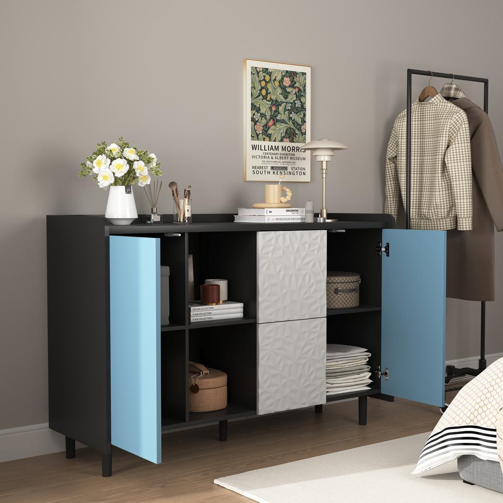 Sideboard Buffet Cabinet, Black with Blue Doors, 2 Drawers with Unique Panel Styling, 2 Open Compartments, Coffee Bar, Accent Cabinet for Kitchen