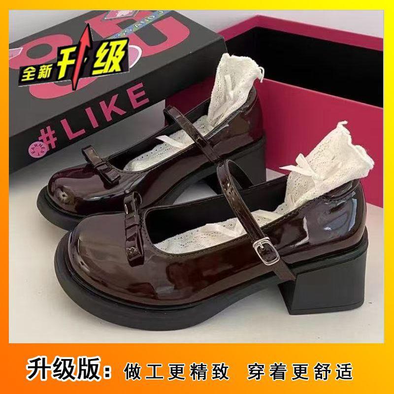 Bow Brown Round Head British Jk Small Leather Shoes French Retro High Heel Mary Jane Shoes Women's New Summer