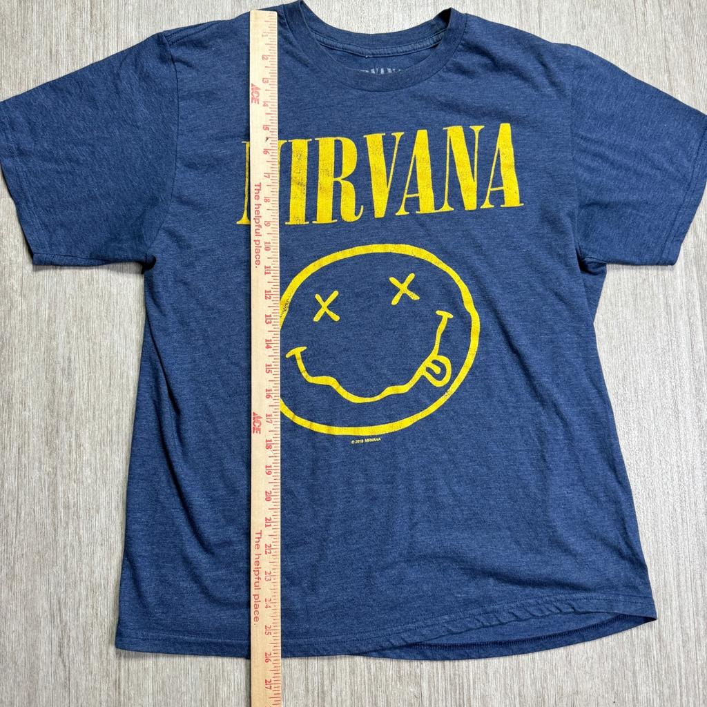 Nirvana Smile Happy Face Shirt Kurt Cobain L Blue Crewneck Retro T Short Sleeve Unisex T-Shirt
