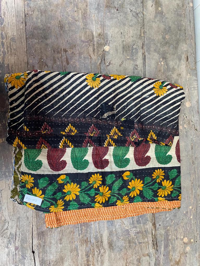 Handmade Kantha Quilt: Floral & Striped Bohemian Bedspread