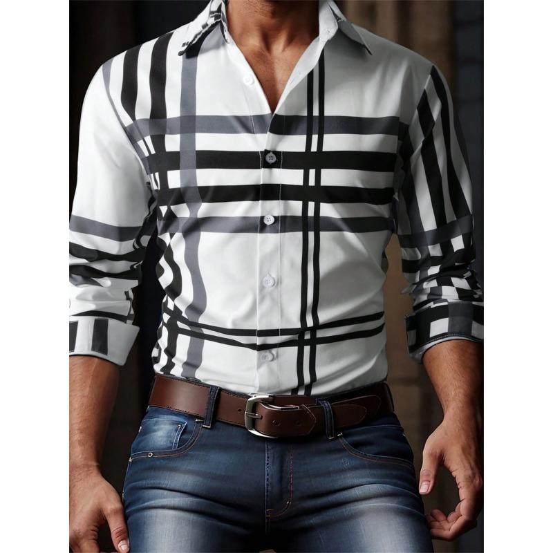 Men's plaid long-sleeved shirt, stylish and casual collared shirt, breathable and versatile top for everyday wear and commuting.