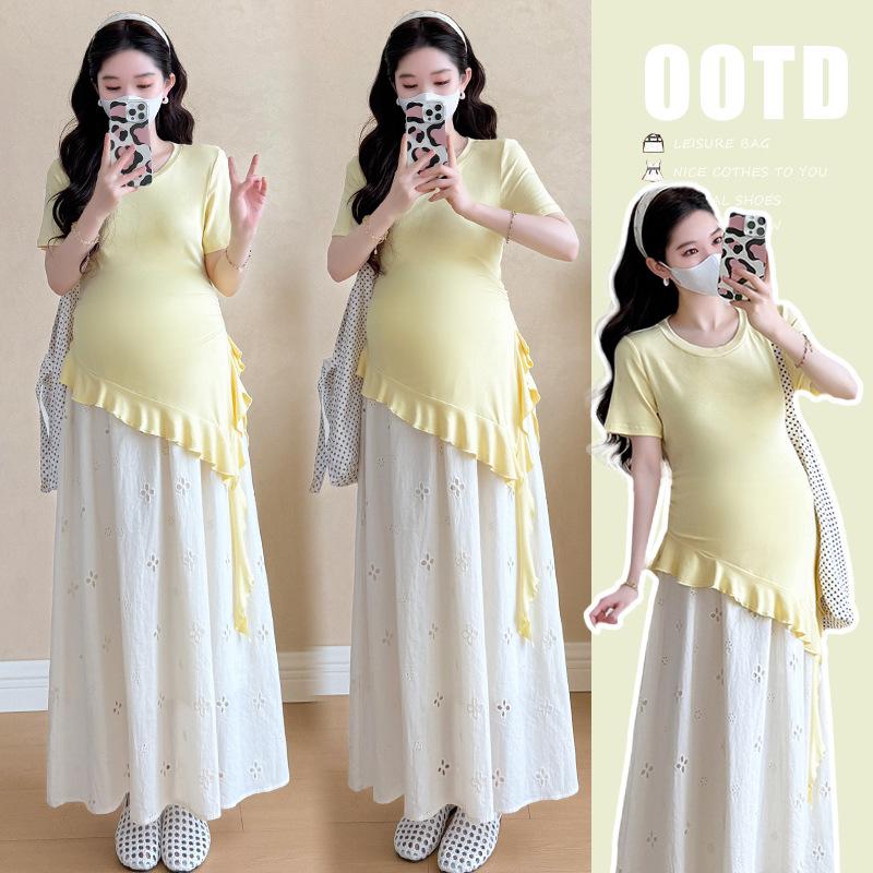 2026 Summer Maternity Chic Irregular Slimming Top & Hollow Pig Nose Buckle Skirt L