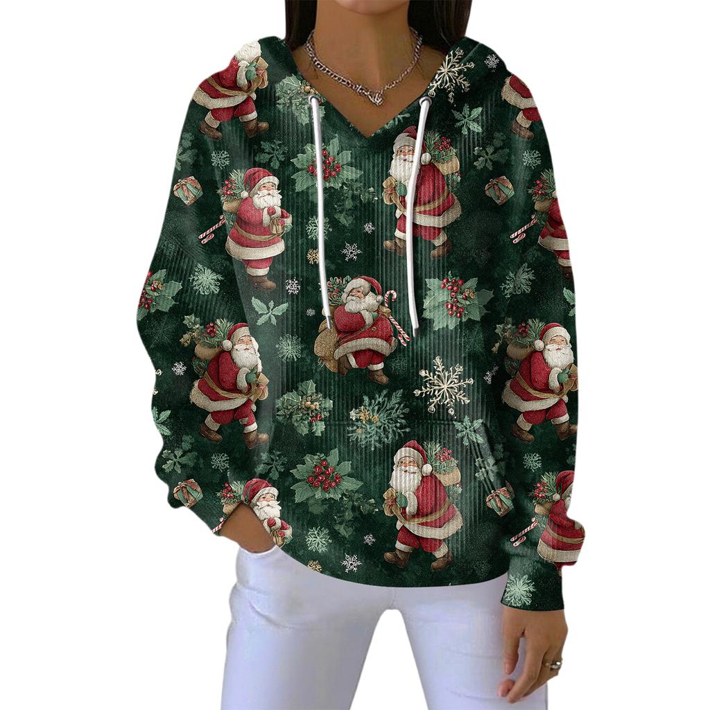 Women's Loose Comfortable Casual Fashion V-Neck Christmas Print Long Sleeve Hoodie