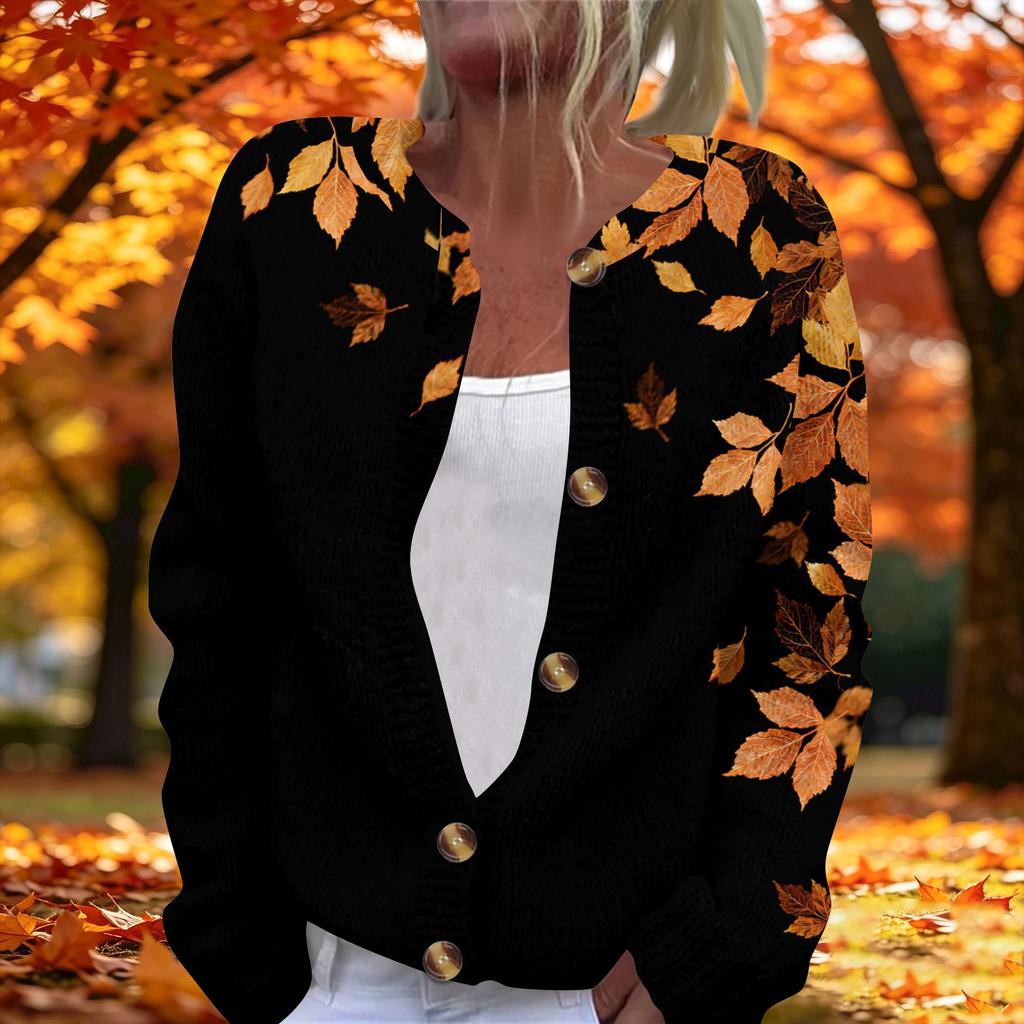 Women's fashionable maple leaf printed long-sleeved knitted cardigan with buttons