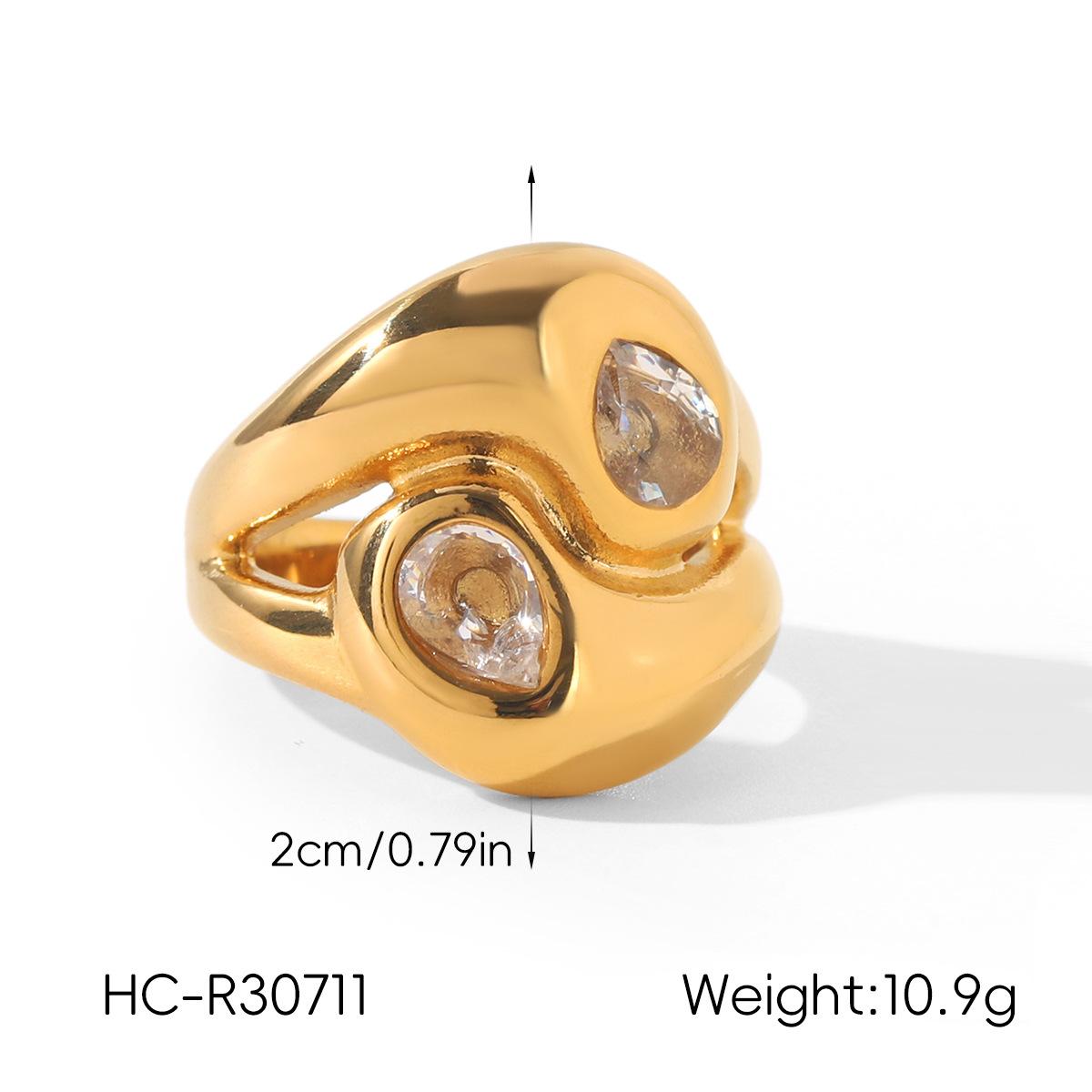 Euro-American style color-block stainless steel statement zircon ring, high-end titanium steel hand jewelry