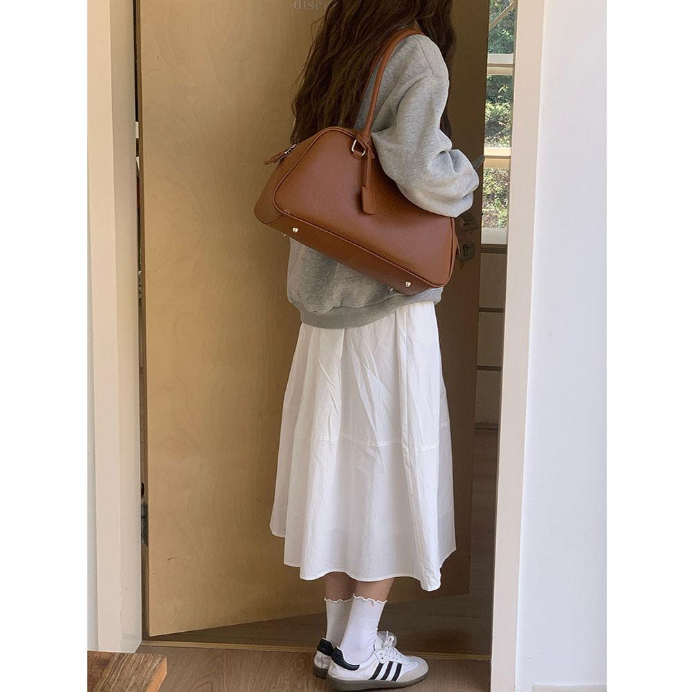 New Winter Big Size Soft Leather Women Large Retro Bowling Bags Commute Handbags High Quality Simple Shoulder Bag Brown