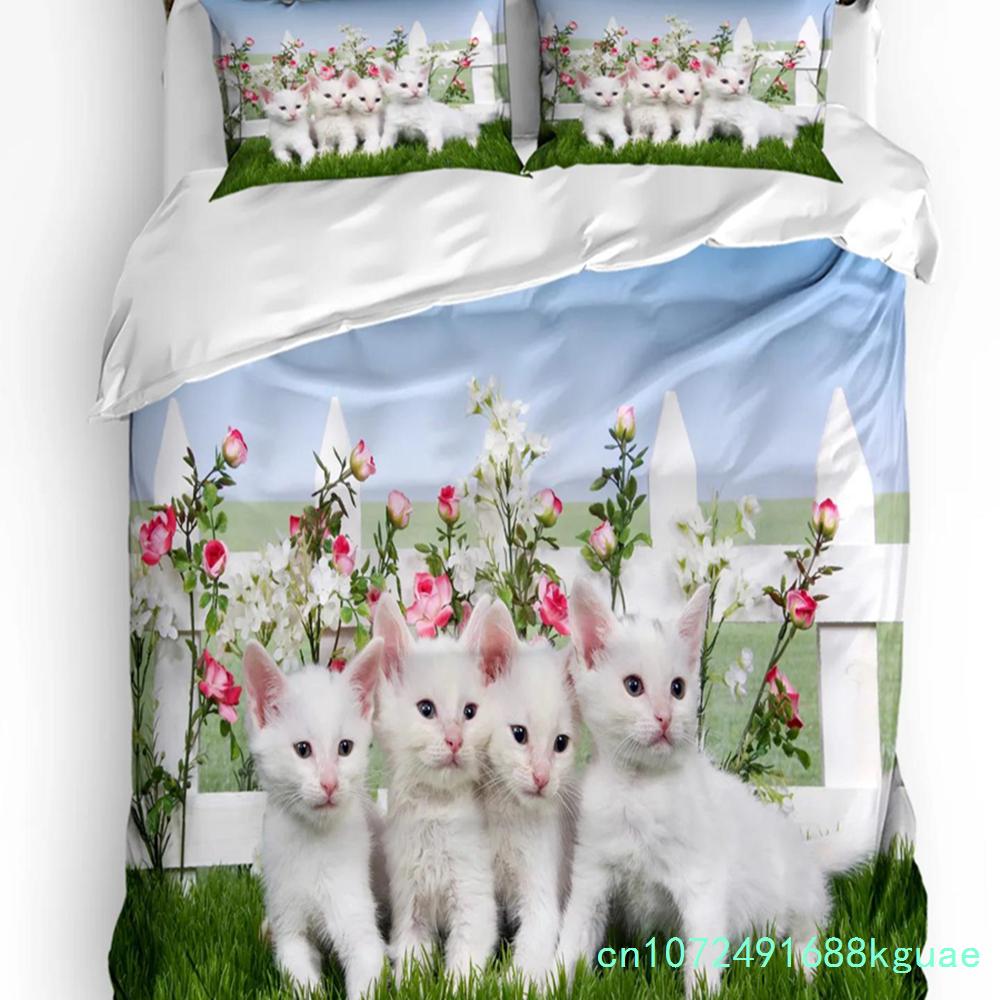Haustier Katze Niedliche Rosa Nelkenblumen 3tlg. Bettwäscheset Für Schlafzimmer Doppelbett Heimtextil Bettbezug Steppdeckenbezug Kissenbezug