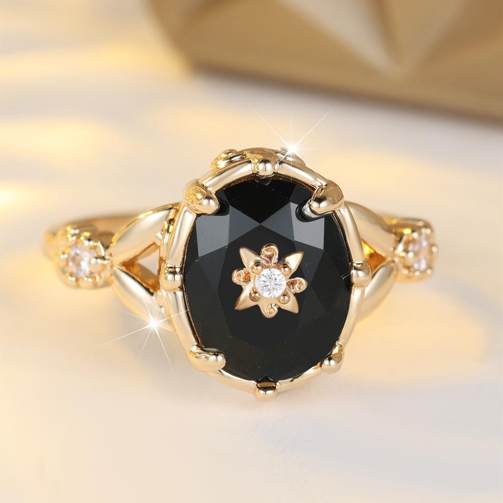Luxuriöse goldfarbene Ringe mit ovalem Schliff und schwarzem Zirkon für Damen, feiner Retro-Vintage-Schmuck, Geschenk für Mama