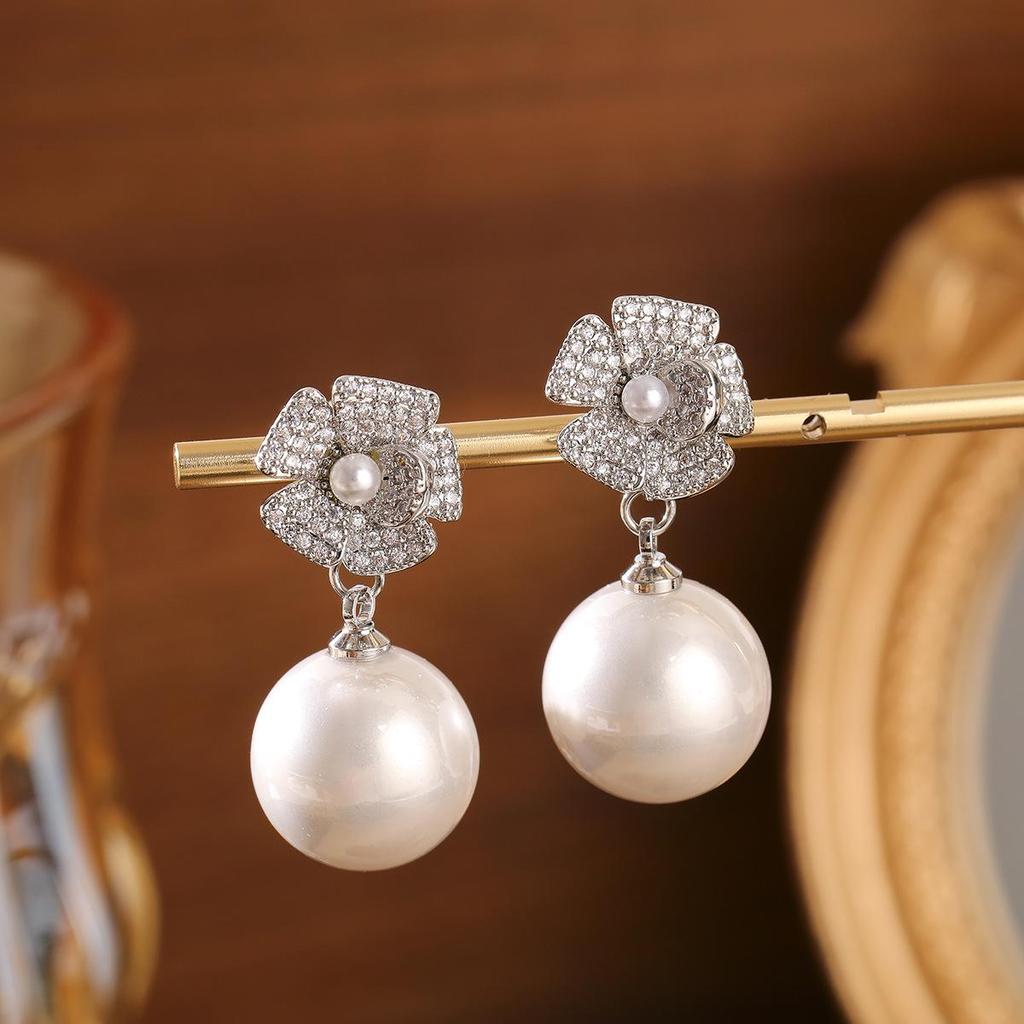 Elegant French Flower Pearl Zircon Stud Earrings in S925 Silver – Luxury High-End Women's Jewelry