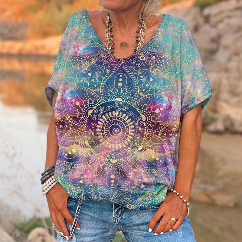 Sommer V-hals 3D Blomstertrykt Topp Moteable Casual Kortermet Dame T-skjorter