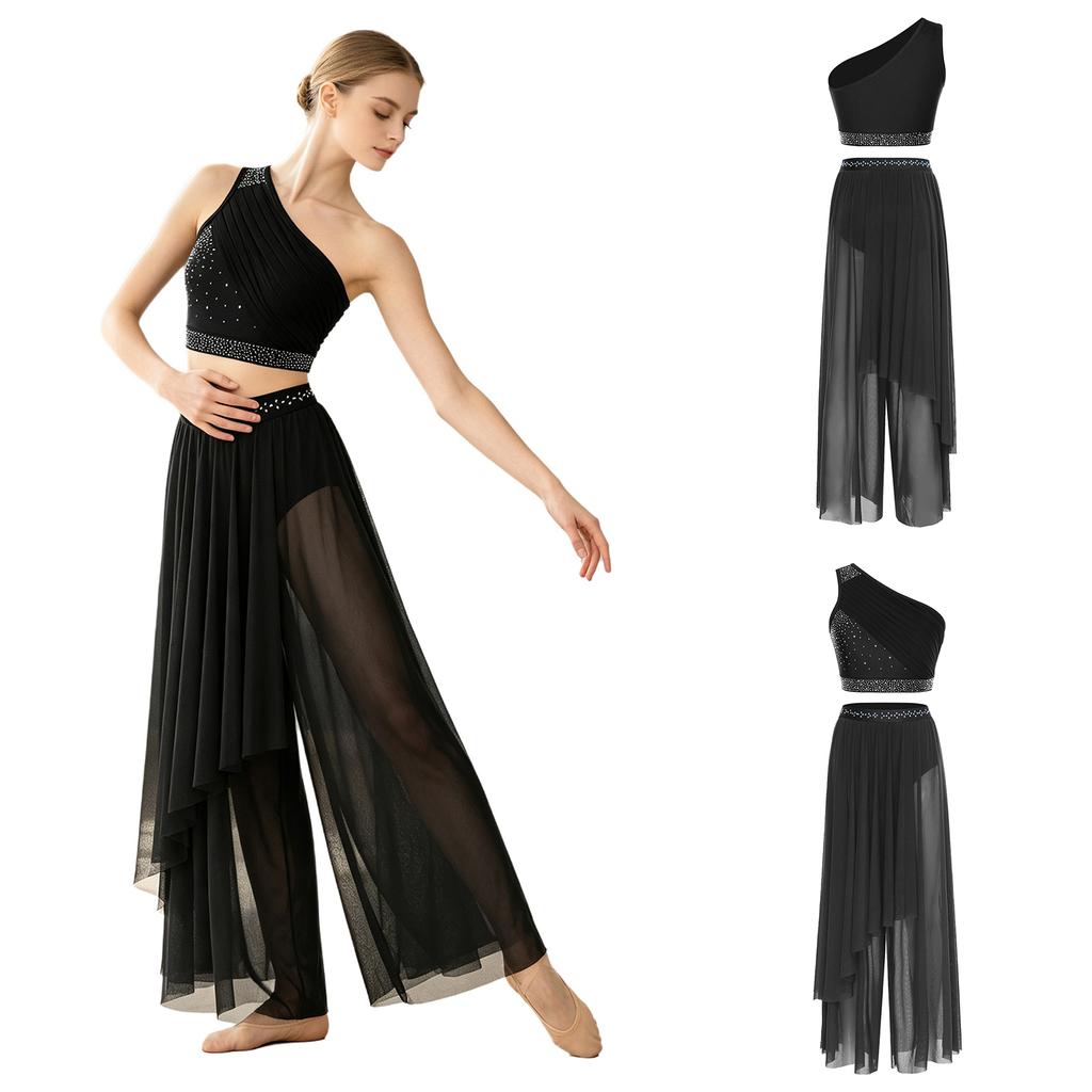 Abbigliamento da Danza da Donna Crop Top Asimmetrico con Strato Superiore e Strass, Monospalla in Rete Arricciata, con Pantaloncini Integrati per Performance Lirica