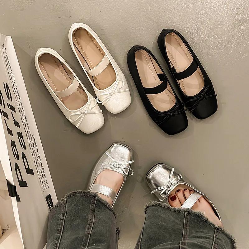Fashion Bowtie Ballet Flats for Women 2025 New Retro French Square Toe Soft Sole Comfortable Low Heel Mary Jane Shoes Zapatillas Mujer