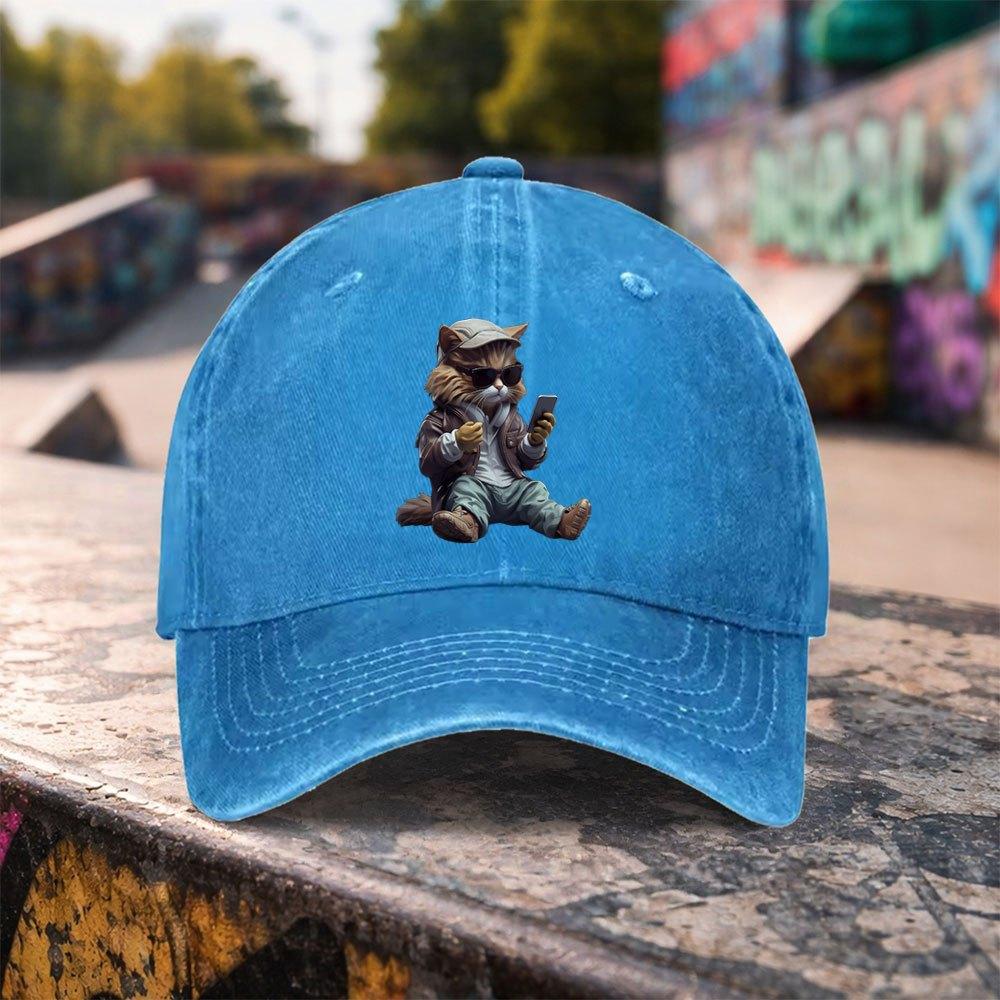 Pc Casual Fashion Trendy Cool Cat Print Washed Baseball Cap Premium Versatile Outdoor Accessory Unisex Duckbill Hat Suitable Fo
