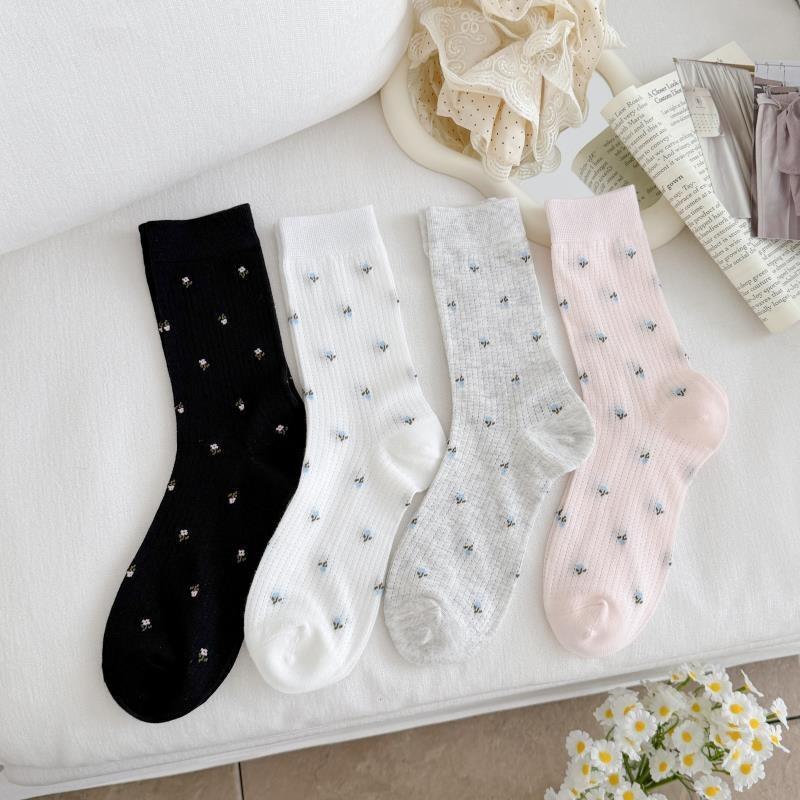 2 Pairs of Thin Mesh Small Floral Country-style Women's Mid-length Cotton Socks with Breathable Layers