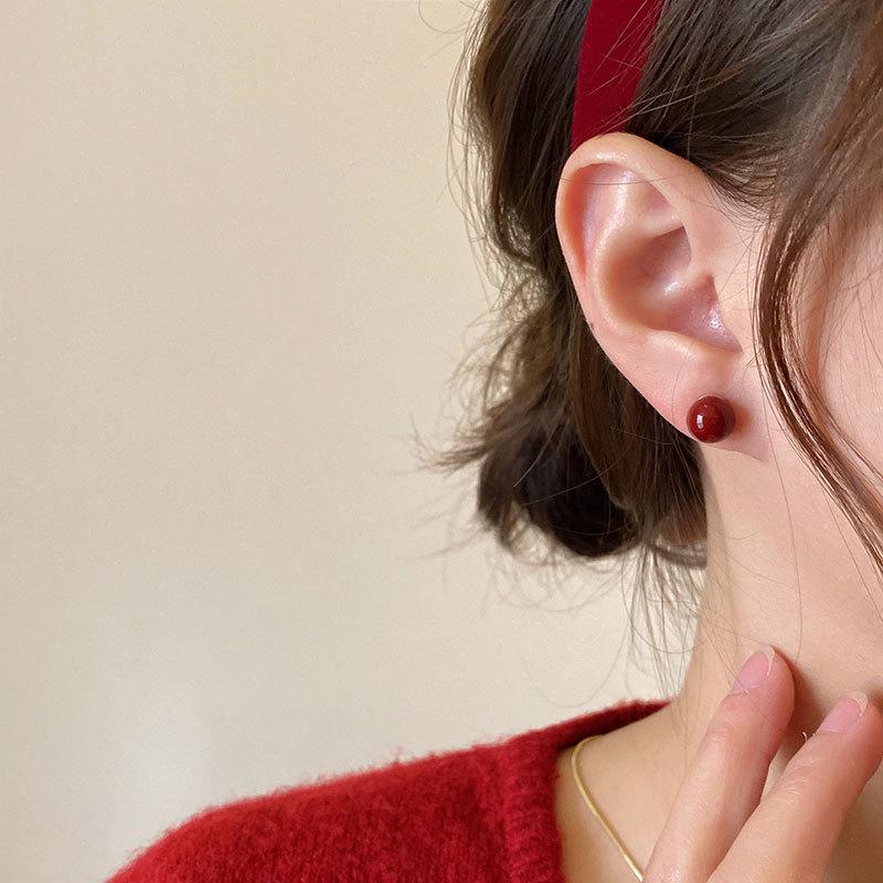 Burgundy Jelly Bean Pearl Stud Earrings - New 2024 Hot Style for Women, Niche Design Cold Style.
