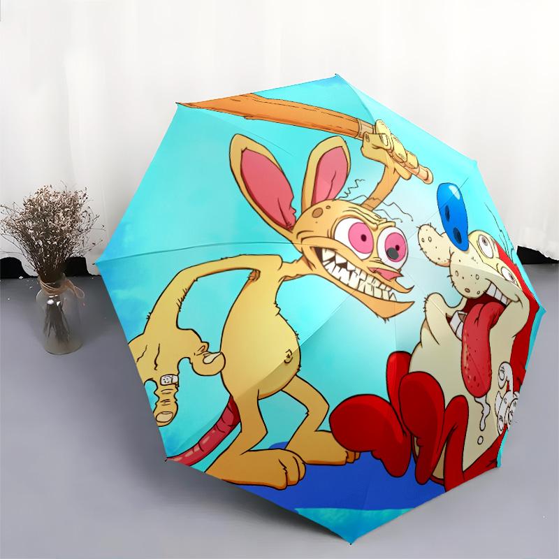 Ren and Stimpy pattern, automatic folding umbrella, portable and foldable design, 8 ribs, a Christmas or birthday gift.