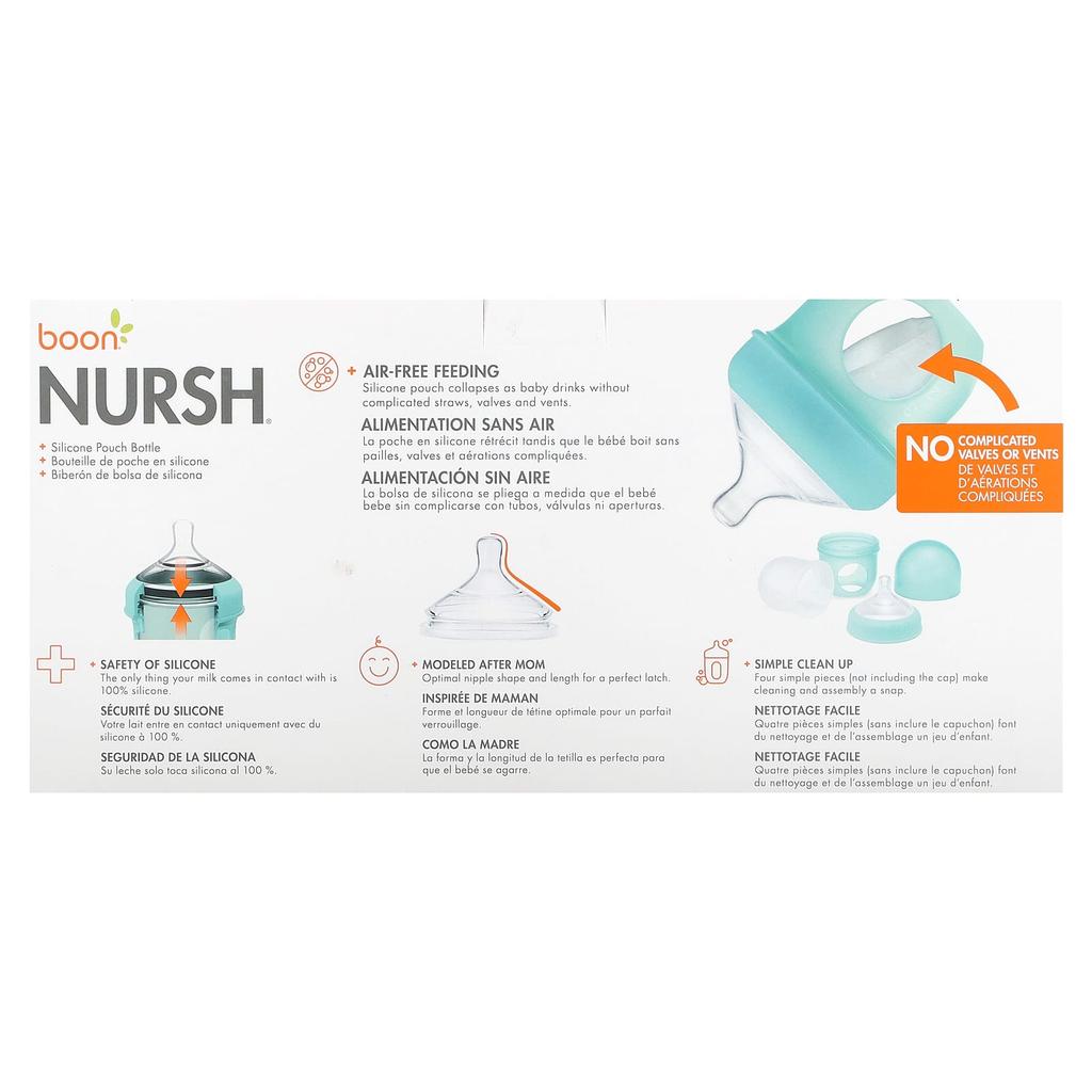 Boon Nursh, Silicone Baby Bottle Pouch, 0m+, Slow Speed, 3 Bottles, 118ml (4oz) Each