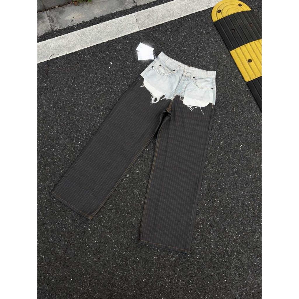 RogueWave Fake Two Piece Spliced Jeans Streetwear Personalized Loose Straight Long Pants Designer Casual Wide Leg Pant