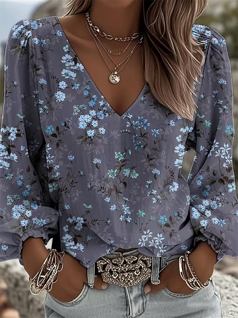 Olive Green V-Neck Floral Print Blouse with Puff Sleeves S
