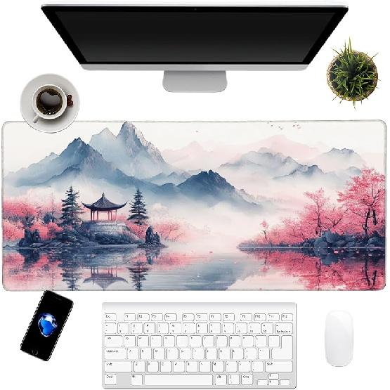 Japanese Cherry Blossoms Art Mouse Pad 31.5"x12" Large - Japanese Traditional Design Water-Resistant Surface Desk Mat with Non-Skid Base for