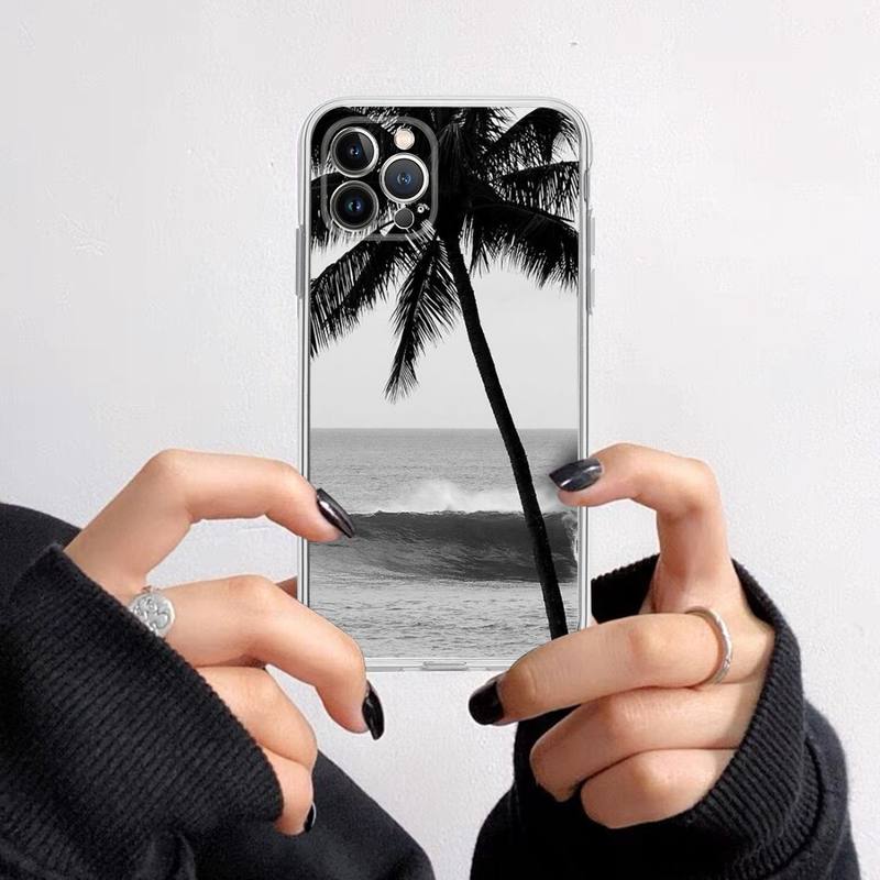Black white palm leaves palm trees Phone Case For iPhone 14 13 12 11 Pro Max XS X XR SE 2020 6 7 8 Plus Mini Transparent Shell
