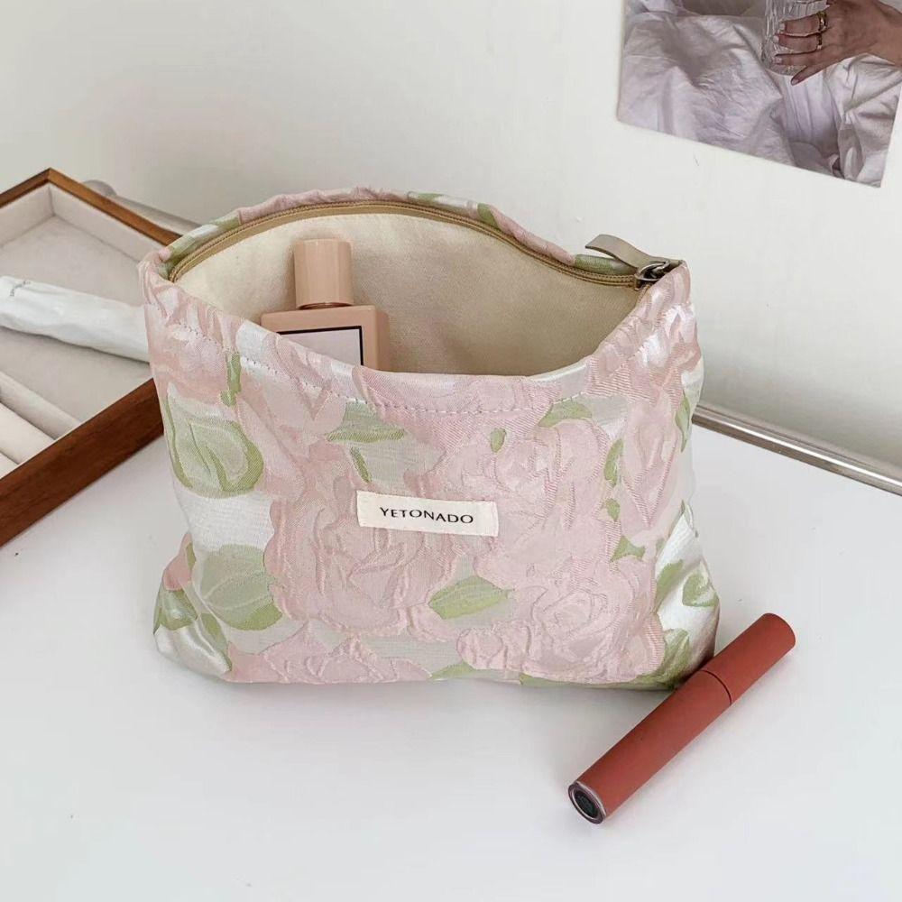 Polyester Canvas Flower Clutch Bag Large Capacity Flower Pattern Cosmetic Storage Pouch Portable Zipper Closure Makeup Bag