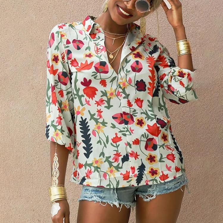 Nueva Blusa de Gasa Floral para Mujer de Manga Larga con Botones Otoño