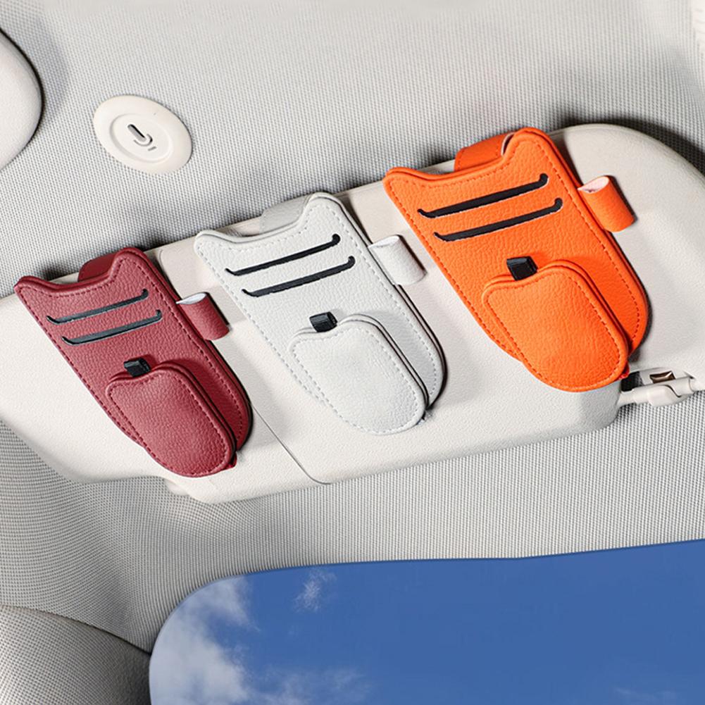 Magnetic Car Sunglasses Holder for Sun Visor, PU Glasses Clip Hanger with Portable Car Glasses Clip Card Clip Auto Accessor K7S1