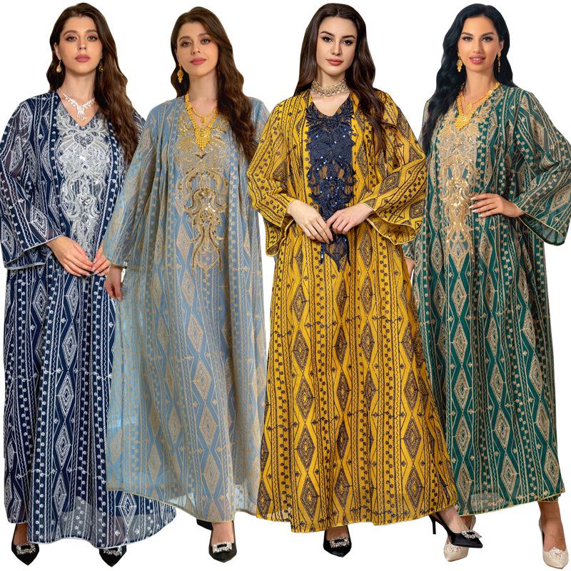 AB293 2023 Plus Size Sequin Embroidered Floral Evening Gown for Muslim Women