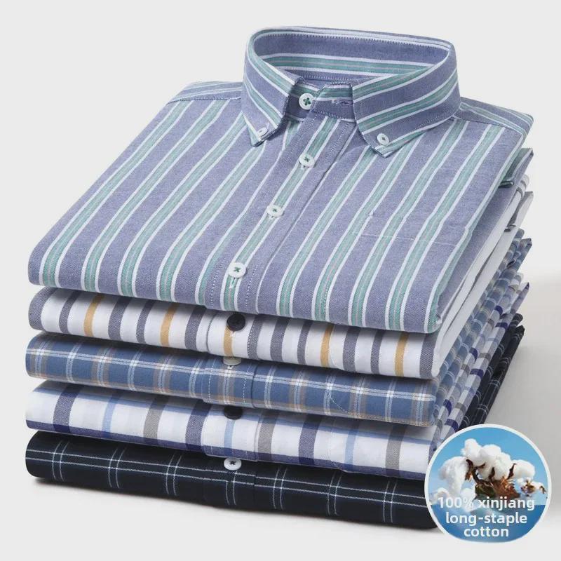 Herr Långärmad Randig Oxford Bomullsskjorta - Casual Vår Affärsklädsel