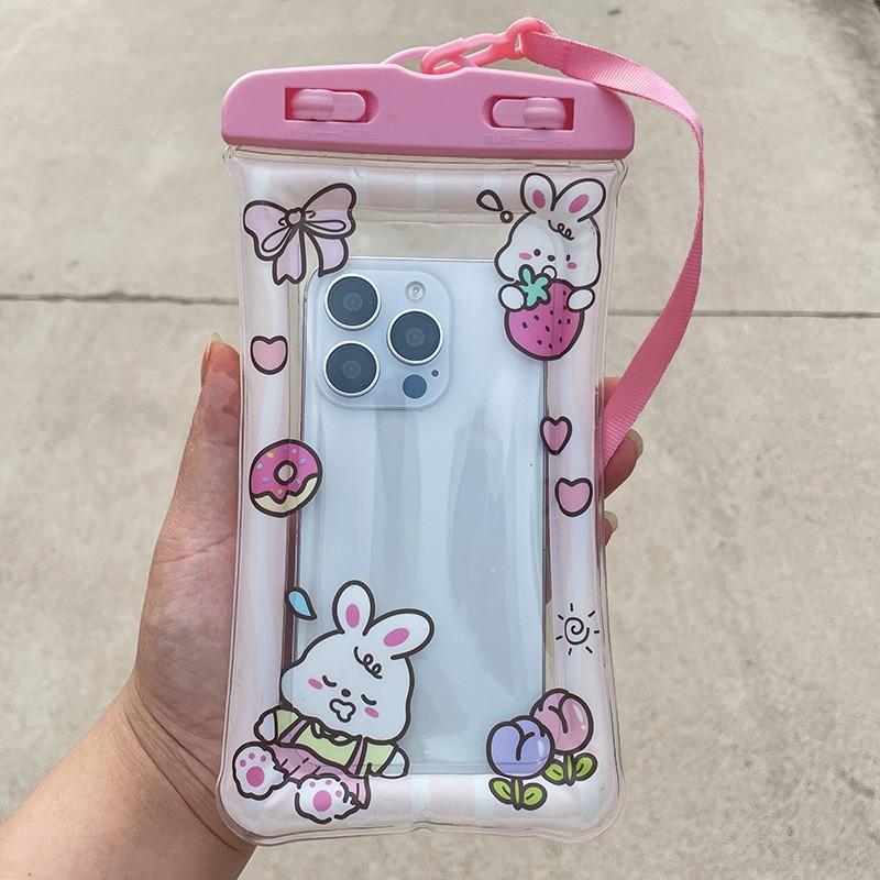 Mobile Phone Waterproof Bag with Air Cushion - Diving Case - Touchscreen Waterproof Phone Case - Swimming Waterproof Cover Pink Strawberry Rabbit