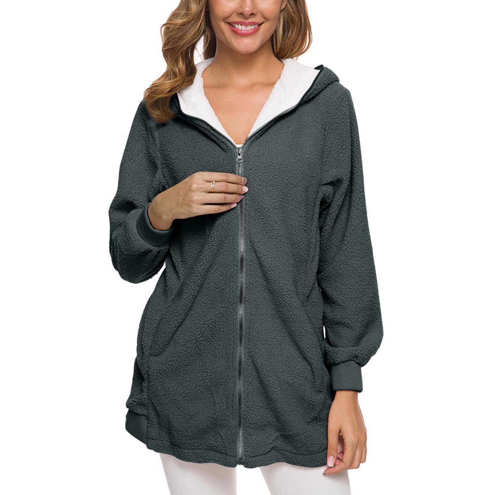 

Women s Fashion Casual Solid Hooded Zipper Lamb Fleece Coat Cardigan Sweater XL