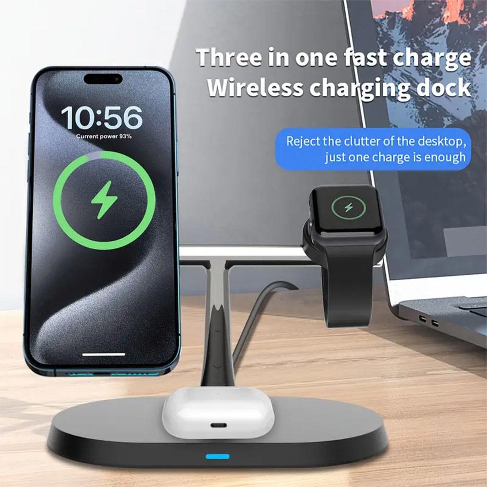 15W 3 In 1 Magnetic Wireless Charger Stand Phone Fast Charging Charger Holder For iPhone 16 15 14 13 Pro Max Apple Watch Airpods