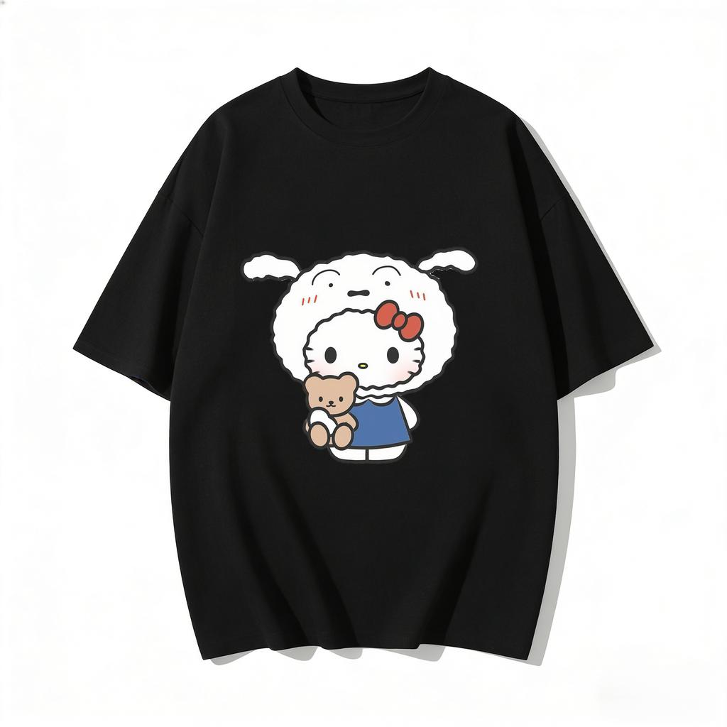 2026 New Kitty X Shinchan Print TShirt Cute Sanrio Loose Fit Casual Tee Harajuku Style Short Sleeve Top Couple Clothing Unisex