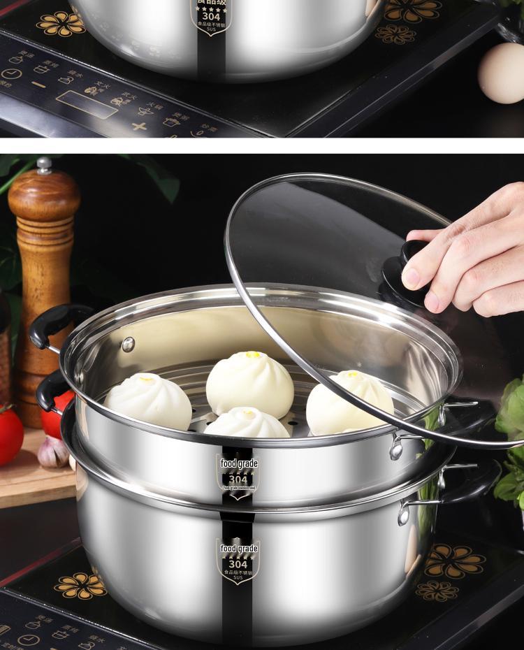 Thickened 304 Stainless Steel Soup & Milk Pot with Steamer for Induction & Gas Cookers
