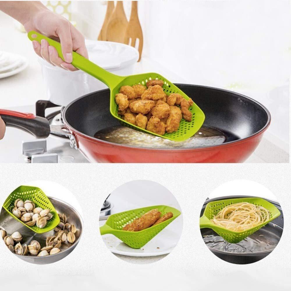 Large Strainer Spoon Long Handle Tool Colander Draining Scoop Pasta Strainer Cooking Kitchen for Spaghetti, Noodles, Veggies 13.5'' Utensils, Green